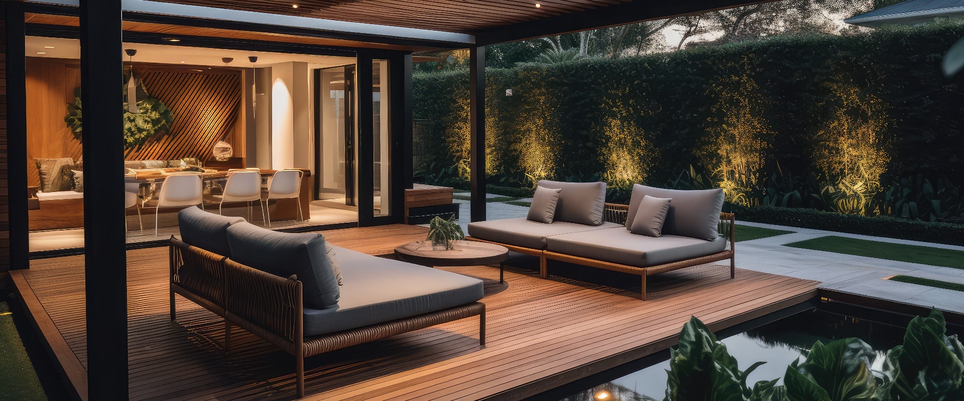 a lavish side outside garden at morning, with a teak hardwood deck and a black pergola. Scene in the evening with couches and lounge chairs by the pool, generative AI