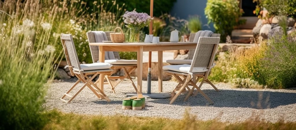 Gartenstühle, Gartentisch und Sonnenschirm im Garten