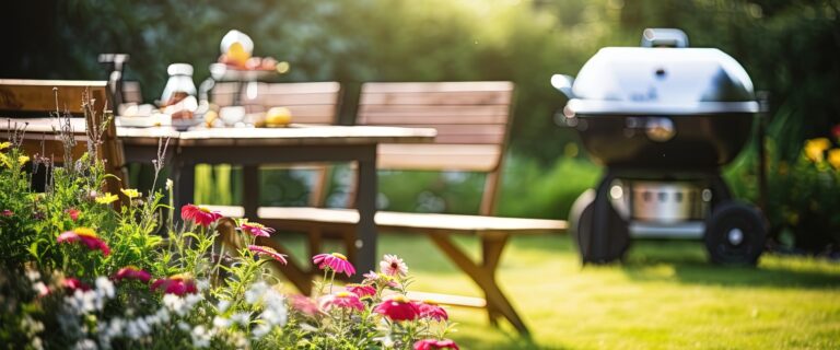 Sommerzeit im Garten mit Grill, Holztisch, unscharfer Hintergrund